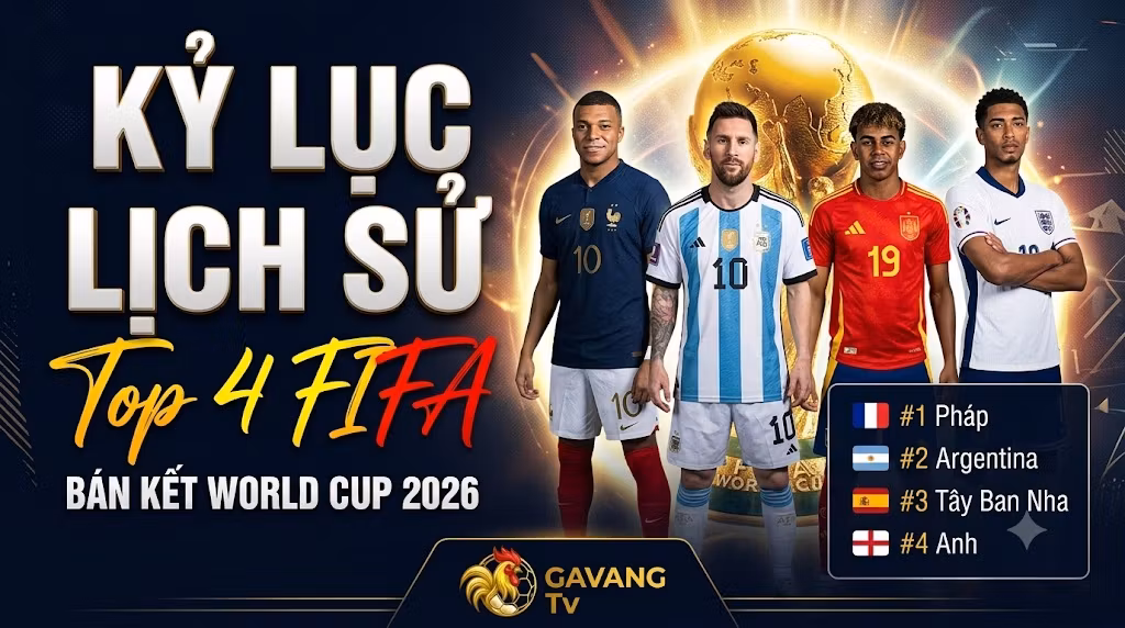 Kỷ lục lịch sử Bán kết World Cup 2026 với 4 đội dẫn đầu bảng xếp hạng FIFA gồm Pháp, Argentina, Tây Ban Nha và Anh được cập nhật trên Gavang TV.